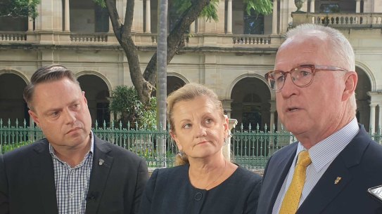 Redland City Mayor Karen Williams with Brisbane Lord Mayor Adrian Schrinner (left) and Sunshine Coast Mayor Mark Jamieson in 2020.