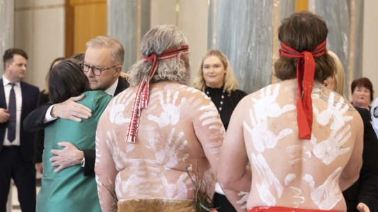 Prime Minister Anthony Albanese embraces Ngunnawal Elder Aunty Violet Sheridan last week as he arrived for the national memorial service for Queen Elizabeth II. 