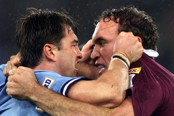 Terry Hill and Gorden Tallis in a State of Origin match in 1999.