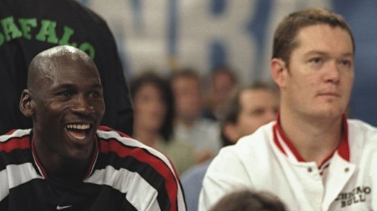 Michael Jordan and Luc Longley watch the action from the Chicago bench during match between the Bulls and Olympiakos in Paris in 1997.