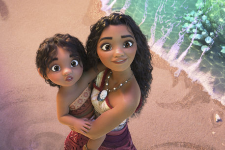 Moana with her cute little sister (definitely not daughter) Simea in Moana 2.