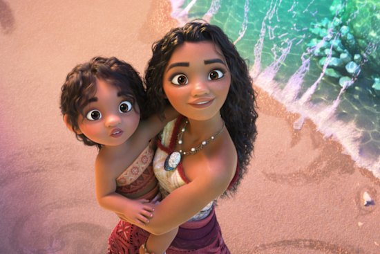 Moana with her cute little sister (definitely not daughter) Simea in Moana 2.