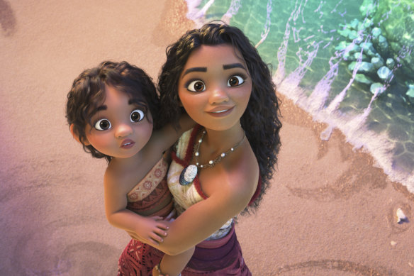 Moana with her cute little sister (definitely not daughter) Simea in Moana 2.