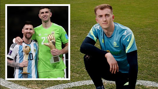 Joe Gauci. Inset: Emiliano Martinez and Lionel Messi. 