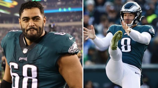 Jordan Mailata and Arryn Siposs split image