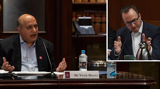 Former icare CEO Vivek Bhatia giving evidence at the inquiry into the workers compensation scheme on Friday. He faced a grilling from committee member David Shoebridge.