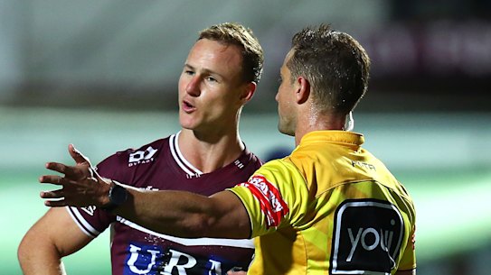 Sea Eagles skipper Daly Cherry-Evans chats with referee Grant Atkins.