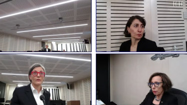 Ms Berejiklian giving evidence to the ICAC before Assistant Commissioner Ruth McColl, SC, (bottom right). Ms Berejiklian’s barrister Sophie Callan, SC, is pictured to the left.