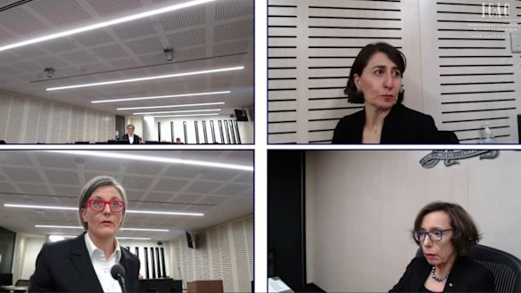 Ms Berejiklian giving evidence to the ICAC before Assistant Commissioner Ruth McColl, SC, (bottom right). Ms Berejiklian’s barrister Sophie Callan, SC, is pictured to the left.