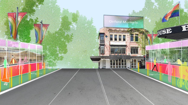 An artist’s impression of new bike lanes and market stalls for Taylor Square.