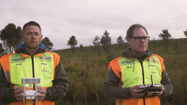 Andrew Walker and Andries Louw flying drones in South Africa in tests for their AirSeed technologies tech.