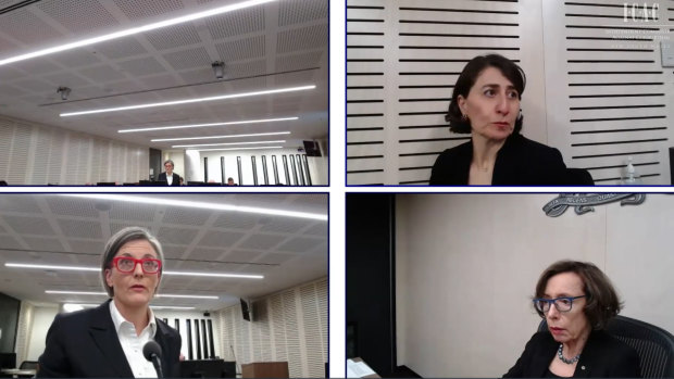 Ms Berejiklian giving evidence to the ICAC before Assistant Commissioner Ruth McColl, SC, (bottom right). Ms Berejiklian’s barrister Sophie Callan, SC, is pictured to the left.