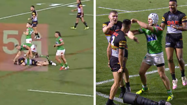 The Panthers weren’t the only team guilty of niggling tactics, with Ryan James smashing Matt Eisenhuth’s head into the ground and Jarrod Croker kickstarting the melee that led to Joseph Tapine being dragged into Panthers post-try celebrations.