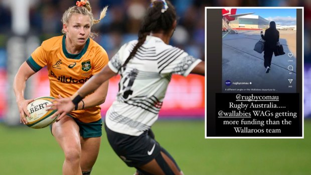 Wallaroos’ Georgie Friedrichs on the attack for Australia against Fijiana in May, and (inset) the post at the centre of the storm.