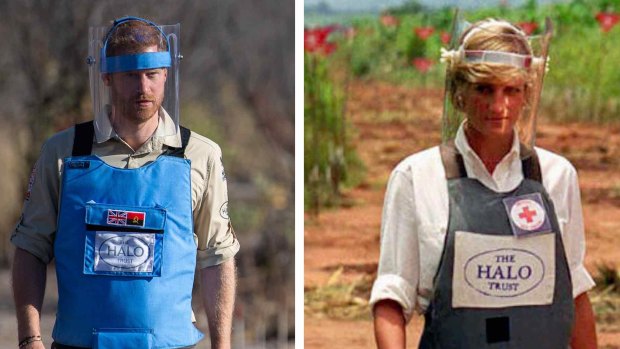 Transparent protection: Prince Harry walks through a minefield in Dirico in Angola. Right: Princess Diana in 1997. 