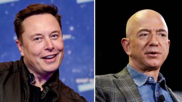 Rivals in space and on earth: Tesla chief Elon Musk and Amazon founder Jeff Bezos.