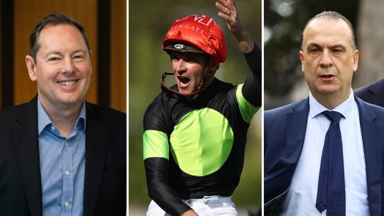 Tabcorp chief executive Adam Rytenskild, Think About It and jockey Sam Clipperton after winning The Everest in 2023 and Racing NSW boss Peter V’landys.