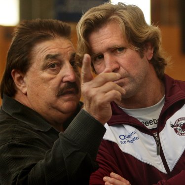 Prodigal son: Des Hasler, right, with Manly official Peter Peters before his exit from the club.