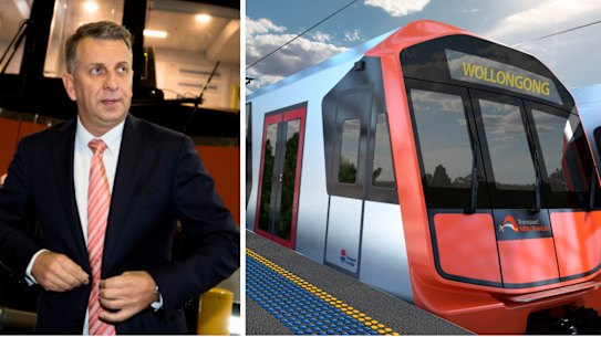 Andrew Constance, left and an artist's impression of an intercity train. 