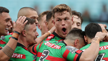The Rabbitohs celebrating a try earlier in the year.