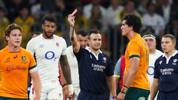 Darcy Swain is show a red card by referee James Doleman.