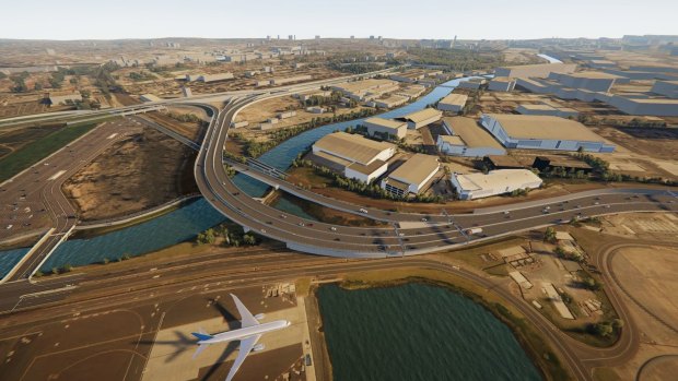 An artist's impression of the new motorway from Sydney Airport to an interchange for WestConnex at St Peters.