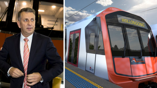 Transport Minister Andrew Constance and an artist's impression of an intercity train. 