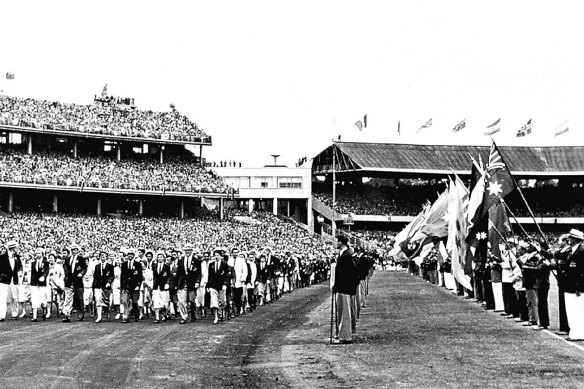 For the first time athletes march together at the closing ceremony of the Olympics, in 1956.