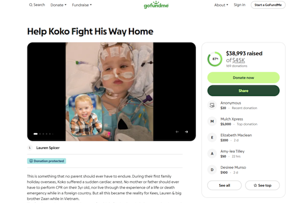 An online fundraiser has raised almost $40,000 as Koen continues his recovery.