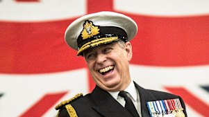 The Duke of York laughs during a visit to Royal Naval Air Station, Somerset, 2015. 