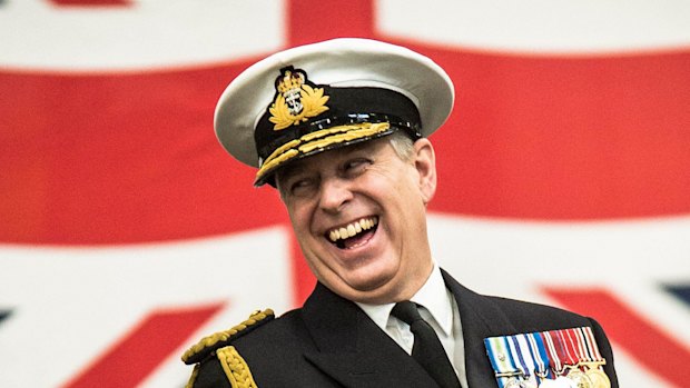 The Duke of York laughs during a visit to Royal Naval Air Station, Somerset, 2015. 