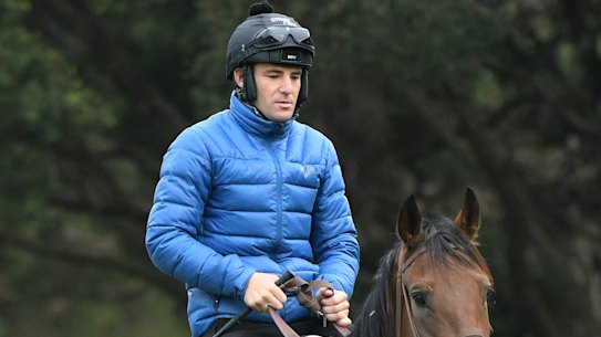 Champion jumps jockey Steven Pateman and partner Jess Pateman during trackwork at Warrnambool last month.