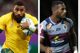 Marika Koroibete playing for the Wallabies and Suliasi Vunivalu for the Reds.