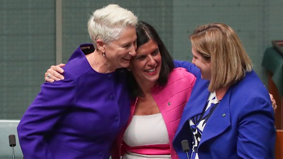 Crossbench MPs Kerryn Phelps, Julia Banks and Rebekha Sharkie celebrate.