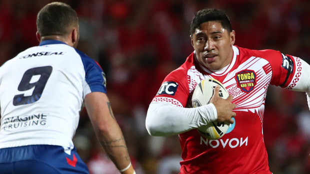 Tonga captain Jason Taumalolo targets England hooker Josh Hodgson in Hamilton on Saturday night.