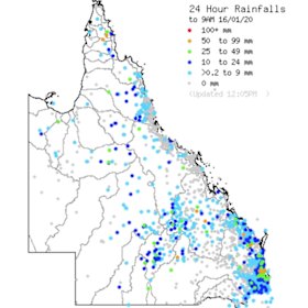 Queensland rainfall map from 9am on Wednesday to 9am on Thursday. 