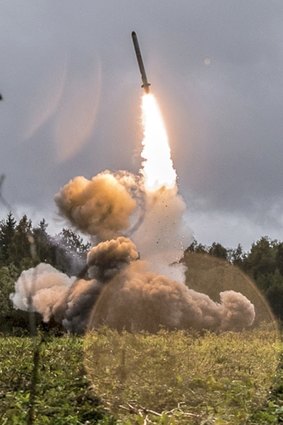 A Russian Iskander-K missile launched during a military exercise in 2017.
