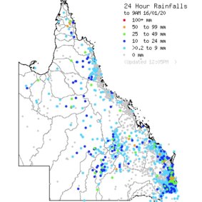 Queensland rainfall map from 9am on Wednesday to 9am on Thursday. 