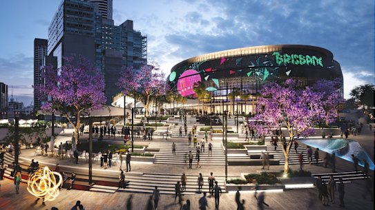 Concept designs for Brisbane Live, the precursor to Brisbane Arena, released by the state government in 2019. It is depicted at its original site.
