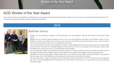 Matthew Honey won Yarra Drug and Health Forum's Worker of the Year Award in 2018