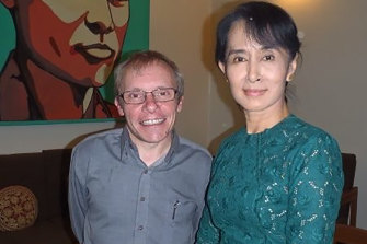 Sean Turnell with Aung San Suu Kyi before last year’s military coup.