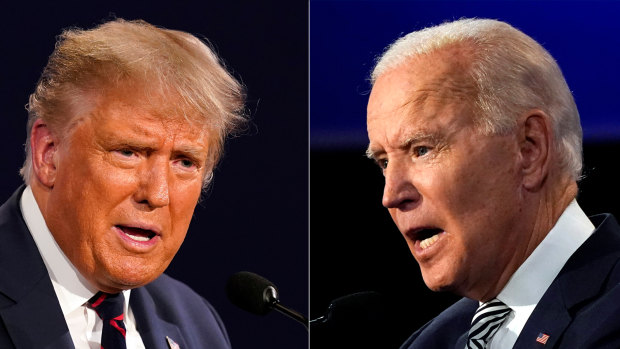 Donald Trump, left, has been dismissive of COVID while Joe Biden has taken precautions with his campaigning.
