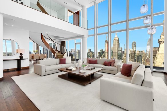 The double-height living room in Rupert Murdoch’s Flatiron penthouse.