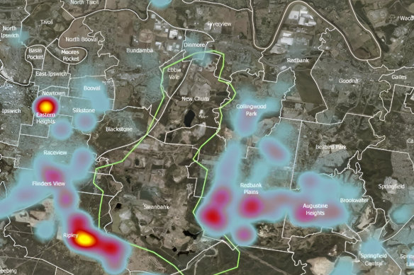 A heat map of odour complaints emanating from the Swanbank industrial area.