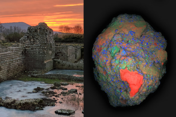 A map of a two-centimetre fragment of ancient Roman concrete (right) collected from the archaeological site of Privernum, Italy (left). A calcium-rich lime clast (in red), which is responsible for the unique self-healing properties in this ancient material, is clearly visible in the lower region of the image. Also seen are silicon (blue) and aluminum (green).