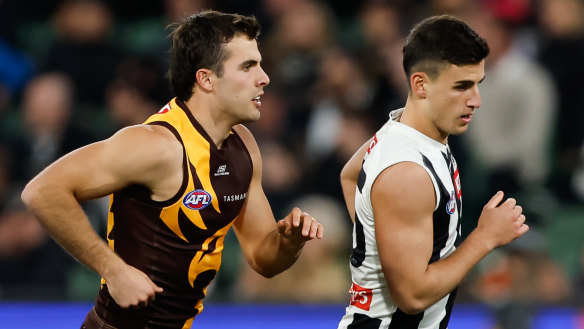 Finn Maginness did a great job shadowing Nick Daicos in Hawthorn’s upset round 21 win over Collingwood.