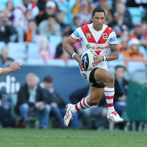 Benji Marshall in his first game against the Wests Tigers, playing for the Dragons in 2014.