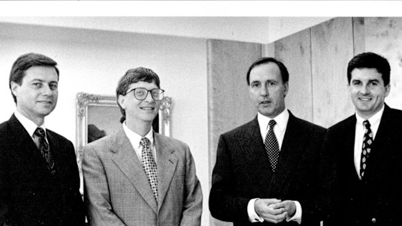 Bill Gates with then Prime Minister Paul Keating and  Daniel Petre (far right)