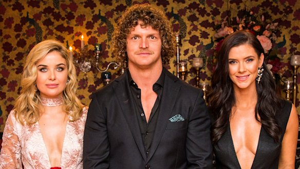 Nick Cummins with Sophie Tieman, left, and Brittany Hockley on The Bachelor.