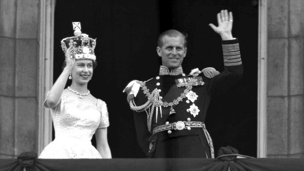 The Queen and Prince Philip on the balcony of Buckingham Palace following the 1953 coronation. 